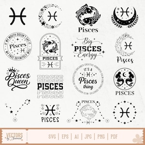 May include: A collection of black and white Pisces-themed designs. The image includes various illustrations of the Pisces symbol, fish, constellations, and text such as "Pisces Queen" and "Big Pisces Energy".