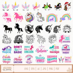 May include: A collection of digital graphic designs featuring various unicorn illustrations, silhouettes, and typography. The images include colorful rainbows, floral accents, and text phrases like Stay Magical, Believe, and Unicorn Vibes in multiple styles.