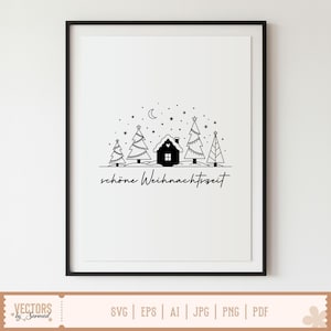 Puede incluir: Una l&aacute;mina art&iacute;stica enmarcada con un dibujo lineal negro de una casa nevada rodeada de cuatro &aacute;rboles de Navidad estilizados bajo un cielo nocturno con una luna creciente y estrellas, con el texto alem&aacute;n "sch&ouml;ne Weihnachtszeit".