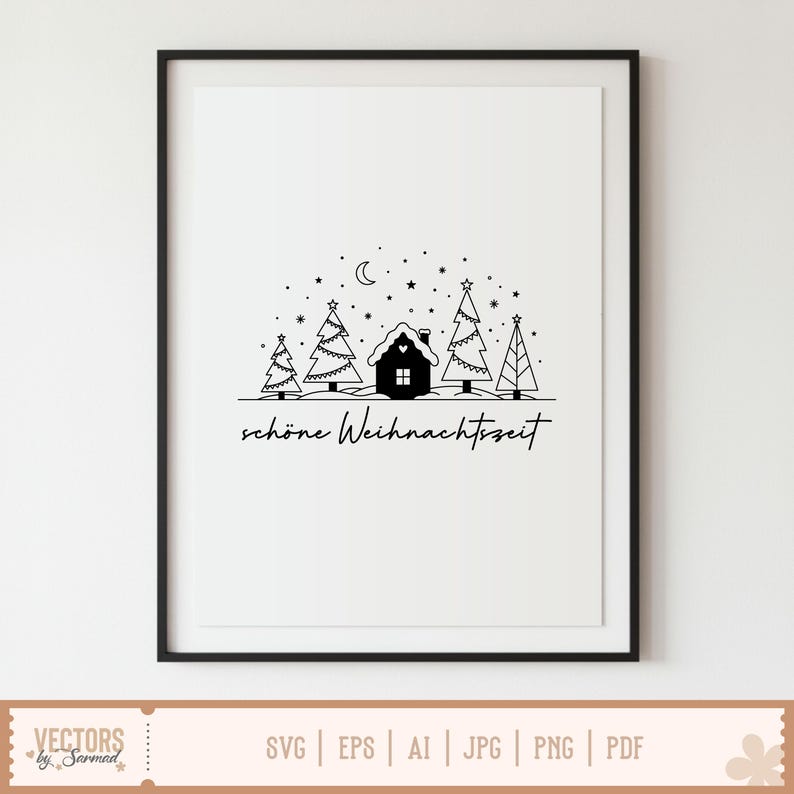 Puede incluir: Una l&aacute;mina art&iacute;stica enmarcada con un dibujo lineal negro de una casa nevada rodeada de cuatro &aacute;rboles de Navidad estilizados bajo un cielo nocturno con una luna creciente y estrellas, con el texto alem&aacute;n "sch&ouml;ne Weihnachtszeit".