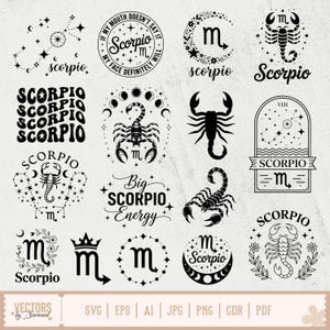 Puede incluir: Una colección de diseños negros con temática de Escorpio. Los diseños incluyen constelaciones, escorpiones y texto como "Scorpio", "Big Scorpio Energy" y "If my mouth doesn't say it, my face definitely will". Los diseños son de varios estilos, incluyendo floral y celestial.