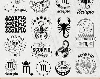 Può includere: Una collezione di disegni neri a tema Scorpione. I disegni includono costellazioni, scorpioni e testo come "Scorpio", "Big Scorpio Energy" e "If my mouth doesn't say it, my face definitely will". I disegni sono in vari stili, tra cui floreale e celeste.