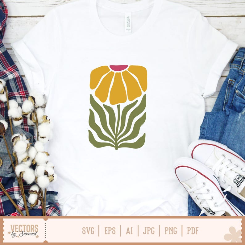 Op de afbeelding: Wit T-shirt met een geel en roze bloemenontwerp en groene bladeren. Het shirt wordt gecombineerd met een blauwe jeans en witte sneakers. De onderkant van de afbeelding bevat de tekst "VECTORS by Sarmad" en bestandstype-opties.