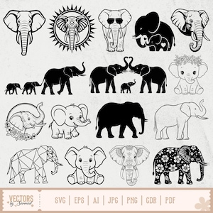 Może przedstawiać: Kolekcja czarno-białych ilustracji słoni w różnych stylach. Projekty obejmują szczegółowe linie, sylwetki i wzory geometryczne. Niektóre słonie są przedstawione w okularach przeciwsłonecznych, z kwiatowymi akcentami i małymi słoniątkami. Obraz zawiera również ikony typów plików.