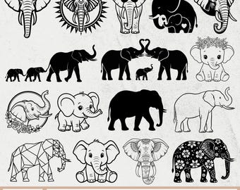 Pacchetto SVG di elefanti, SVG di elefantino, SVG di testa di elefante, SVG di famiglia di elefanti, SVG di elefante carino, SVG di elefante floreale, Mandala di elefanti