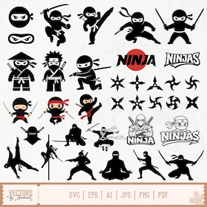 May include: A collection of black ninja illustrations in various action poses, wielding swords and throwing stars. Includes the word "NINJA" in a red circle and "NINJAS" in a stylized font. The bottom of the image includes the text "VECTORS by Sarmad" and file type options.