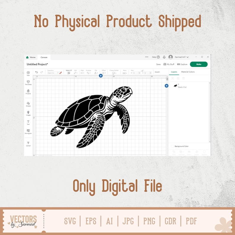 May include: A black and white sea turtle graphic on a computer screen. The image is a digital file, as indicated by the text "Only Digital File" and "No Physical Product Shipped". The file formats available are SVG, EPS, AI, JPG, PNG, CDR, and PDF.