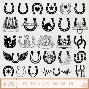 May include: A collection of black horseshoe designs with various embellishments, including hearts, stars, horses, wings, and floral elements. Some designs include text fields for customization. The image also includes file type icons.