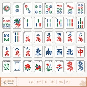 May include: A collection of Mahjong tiles with various symbols and numbers. The tiles feature suits of circles, bamboo, and characters, along with wind directions and dragon symbols. The color palette includes green, red, blue, and white.