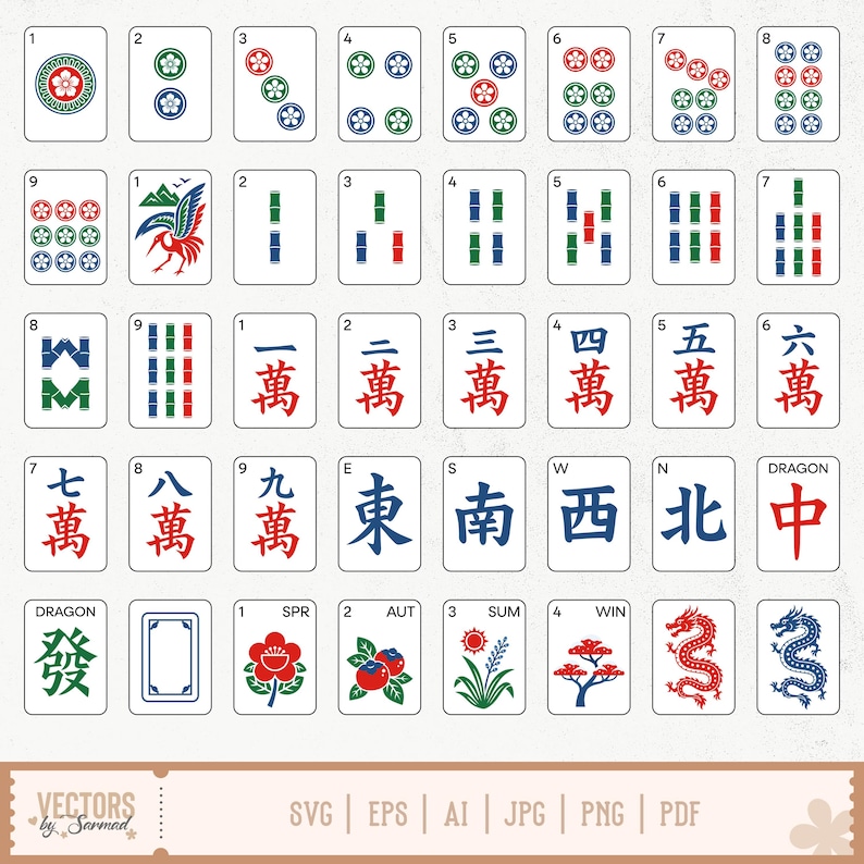 May include: A collection of Mahjong tiles with various symbols and numbers. The tiles feature suits of circles, bamboo, and characters, along with wind directions and dragon symbols. The color palette includes green, red, blue, and white.