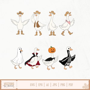 May include: A digital illustration set featuring eight white geese in various costumes. The top row shows four geese wearing cowboy hats and boots, with some in vests or bandanas. The bottom row displays geese dressed as a ghost, vampire, pumpkin, and skeleton.