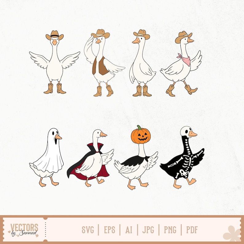 May include: A digital illustration set featuring eight white geese in various costumes. The top row shows four geese wearing cowboy hats and boots, with some in vests or bandanas. The bottom row displays geese dressed as a ghost, vampire, pumpkin, and skeleton.