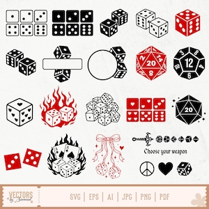 Puede incluir: Una colección de ilustraciones vectoriales en negro y rojo con varios diseños de dados, incluyendo cubos estándar de seis caras, dados de juego poliedros, dados con patrones de corazones, dados rodeados de llamas y dados con un lazo decorativo.