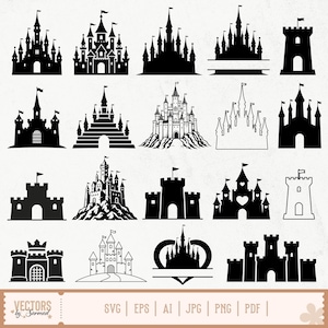 May include: A collection of black castle silhouettes with various designs, including towers, flags, and arched entrances. The image includes the text "VECTORS by Sarmad" and file type options: SVG, EPS, AI, JPG, PNG, and PDF.