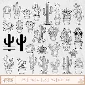 Peut inclure: Illustrations en noir et blanc de différents cactus et plantes succulentes en pots. L'image présente diverses formes et tailles de cactus, dont certains avec des lunettes de soleil. Le bas de l'image contient le texte "VECTORS by Sarmad" et des options de type de fichier.