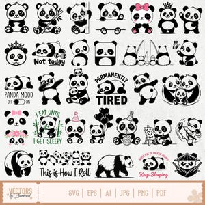 May include: A collection of black and white panda bear illustrations in various poses. Some pandas hold bamboo, wear crowns, or have text like "Not today" and "Permanently Tired." The image includes the text "This is How I Roll."
