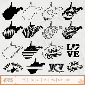 Könnte beinhalten: Eine Sammlung von schwarz-weißen Designs zum Thema West Virginia. Die Designs umfassen die Umrisse des Staates, Text und Grafiken wie ein Herz, Blumenmuster und einen Bären in einer Berglandschaft. Am unteren Bildrand werden Dateitypoptionen angezeigt.