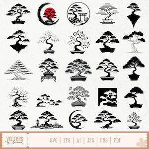 Puede incluir: Ilustraciones en blanco y negro de árboles bonsái en varios estilos. Algunos diseños incluyen un sol rojo, una puerta torii japonesa y mariposas. El texto "VECTORS by Sarmad" y las opciones de tipo de archivo se muestran en la parte inferior.