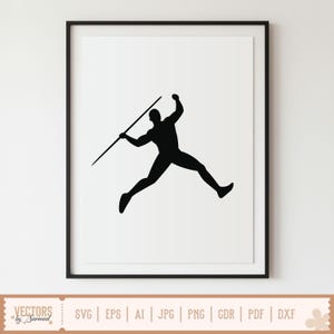 Puede incluir: Impresi&oacute;n art&iacute;stica en silueta negra de un lanzador de jabalina. El atleta est&aacute; en pleno lanzamiento, con la jabalina extendida. La obra est&aacute; enmarcada en negro sobre un fondo blanco. La parte inferior de la imagen contiene el texto "VECTORS by Sarmad" y opciones de tipo de archivo.