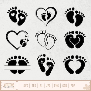 Könnte beinhalten: Eine Sammlung schwarzer Babyfußabdruck-Designs, einige mit Herzen. Die Designs eignen sich für verschiedene Bastelprojekte. Das Bild enthält den Text "VECTORS by Sarmad" und Dateityp-Abkürzungen.