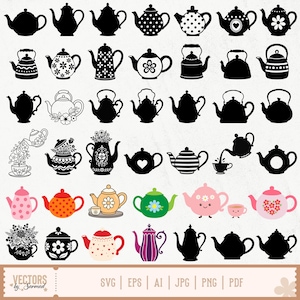Puede incluir: Una colección de ilustraciones de teteras que incluye siluetas negras sólidas, diseños con lunares, rayas, corazones y motivos florales coloridos. El conjunto también presenta tazas de té y el texto VECTORS by Sarmad.