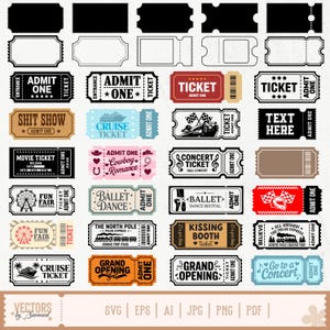 May include: A collection of vintage-style tickets with various designs. Includes tickets for concerts, movies, cruises, and fun fairs. The tickets feature text like "Admit One," "Grand Opening," and "Ballet Dance."