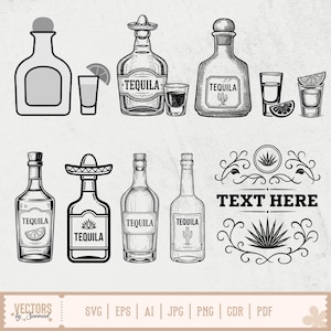 May include: Black and white illustrations of tequila bottles, shot glasses, and lime wedges. Some bottles have labels that read "TEQUILA" and are adorned with sombreros. A decorative design with the text "TEXT HERE" is also included.