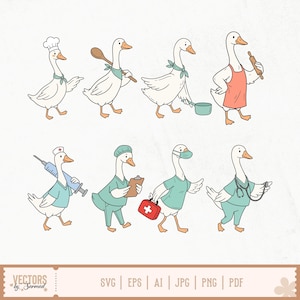 May include: A collection of eight white goose illustrations in two rows. The top row features geese as chefs with hats, aprons, and kitchen tools. The bottom row shows geese as medical professionals with scrubs, stethoscopes, and medical kits.