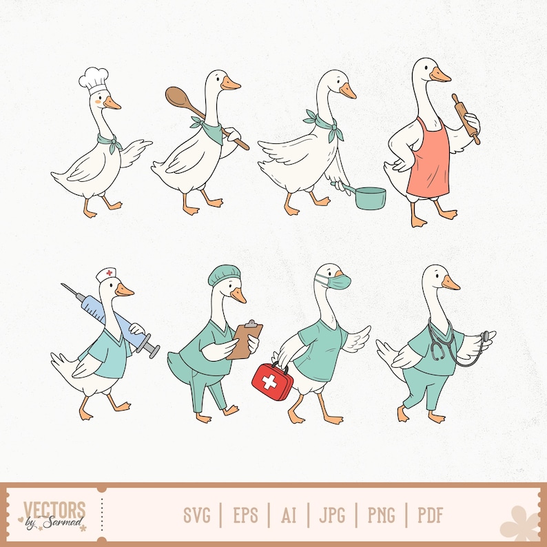 May include: A collection of eight white goose illustrations in two rows. The top row features geese as chefs with hats, aprons, and kitchen tools. The bottom row shows geese as medical professionals with scrubs, stethoscopes, and medical kits.