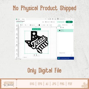 May include: A digital design featuring the outline of the state of Texas in black, with the word "Texas" in a stylized font. The design includes stars and stripes, and is displayed on a computer screen. The image also includes the text "Only Digital File".