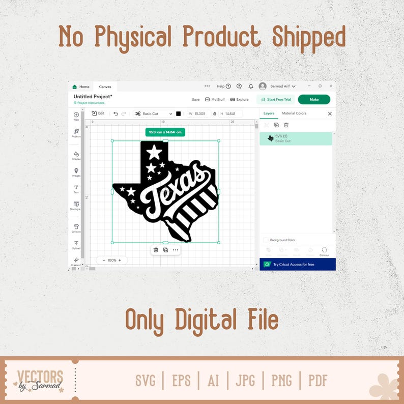May include: A digital design featuring the outline of the state of Texas in black, with the word "Texas" in a stylized font. The design includes stars and stripes, and is displayed on a computer screen. The image also includes the text "Only Digital File".