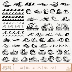 Puede incluir: Una colección de diseños de olas negras en varios estilos, incluyendo crestas estilizadas, olas rodantes y bordes decorativos. Algunos diseños incluyen cuadros de texto con "TEXT HERE". La imagen también enumera formatos de archivo: SVG, EPS, AI, JPG, PNG y PDF.