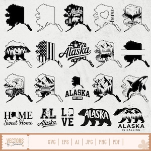 May include: A collection of black and white Alaska-themed vector graphics. Designs include the state outline with various elements such as bears, mountains, eagles, and the text "Alaska." Additional text includes "Home Sweet Home," "AL Alaska," and "Alaska is Calling."