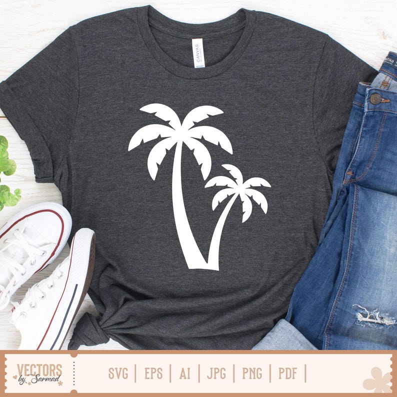 Op de afbeelding: Donkergrijs t-shirt met een witte afbeelding van twee palmbomen. Het shirt wordt gecombineerd met een blauwe jeans en witte sneakers. De onderkant van de afbeelding bevat de tekst "VECTORS by Sarmad" en bestandstype-opties.