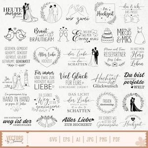Op de afbeelding: Een verzameling zwart-wit digitale grafische ontwerpen met trouwthema-illustraties, waaronder koppels, harten, ringen, taarten en Duitse tekstzinnen zoals 'Heute Morgen Immer', 'Wir Zwei' en 'Alles Liebe zur Hochzeit'.