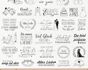 Puede incluir: Una colección de diseños gráficos digitales en blanco y negro con ilustraciones de temática nupcial, que incluyen parejas, corazones, anillos, pasteles y frases en alemán como 'Heute Morgen Immer', 'Wir Zwei' y 'Alles Liebe zur Hochzeit'.