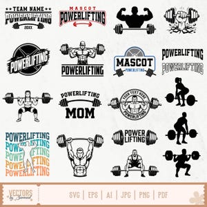 May include: A collection of black and white powerlifting graphic designs featuring silhouettes of athletes lifting barbells, various typography including the word POWERLIFTING, and circular emblems. The set includes diverse poses of individuals performing squats, deadlifts, and overhead presses, along with retro-style text layouts and file format labels at the bottom.