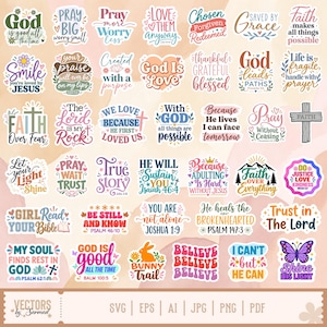 Könnte beinhalten: Eine Sammlung von zweiundvierzig einzelnen Aufklebern mit verschiedenen christlich inspirierten Zitaten, religiösen Sprüchen und farbenfrohen grafischen Illustrationen, darunter Kreuze, Herzen, Blumen und ein Schmetterling, angeordnet in einem Raster.