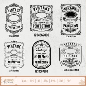 Puede incluir: Seis etiquetas de estilo vintage en blanco y negro. Cada etiqueta presenta bordes ornamentados, la palabra "VINTAGE" y la frase "Aged to Perfection". Las etiquetas también incluyen el texto "Limited Edition" y un número único.