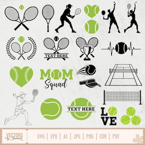 May include: A selection of tennis-themed vector graphics in black and green. The designs include tennis rackets, tennis balls, silhouettes of tennis players, and the text "MOM Squad" and "LOVE". The image also includes the text "TEXT HERE".
