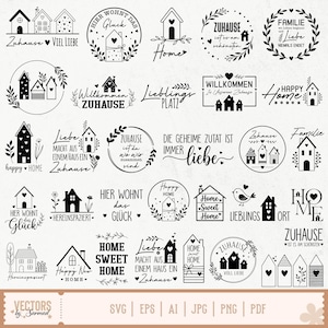 Op de afbeelding: Een verzameling zwart-witte digitale grafische ontwerpen met huisillustraties, florale elementen en zinnen zoals Home Sweet Home, Willkommen en Liebe. De set bevat diverse ronde en rechthoekige lay-outs met tekst.