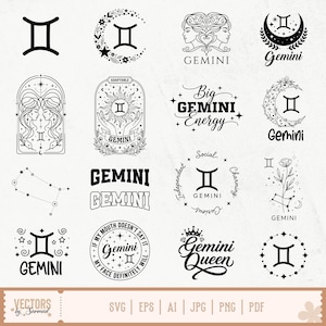 May include: A collection of black and white Gemini zodiac sign designs. The designs include the Gemini symbol, illustrations of twins, and text such as "Gemini Energy" and "Gemini Queen". The image also includes file type information.