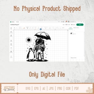 May include: Black and white digital illustration of an astronaut holding an umbrella with a penguin. The sun is also depicted. The text "No Physical Product Shipped" and "Only Digital File" are included. The image is a digital file.