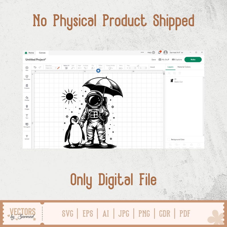 May include: Black and white digital illustration of an astronaut holding an umbrella with a penguin. The sun is also depicted. The text "No Physical Product Shipped" and "Only Digital File" are included. The image is a digital file.
