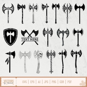 May include: A collection of black and white axe illustrations. The axes vary in design, some featuring double blades, skull details, and decorative elements. A shield with an axe and text that reads "TEXT HERE" is also included.