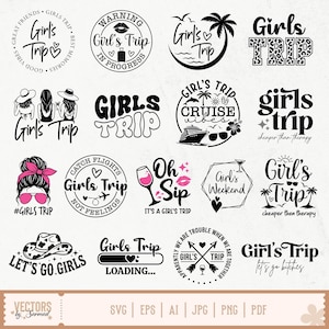 Op de afbeelding: Een verzameling zwart-witte Girls Trip-thema ontwerpen. De ontwerpen bevatten tekst zoals "Girls Trip", "Girls Trip Cruise Vibes" en "Let's Go Girls". Sommige ontwerpen bevatten illustraties van palmbomen, lippenstift en een cruiseschip.