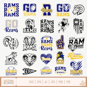 May include: A collection of twenty-five digital graphic designs featuring the word Rams, ram head illustrations, footballs, and sports-themed motifs in blue, yellow, black, and white. The designs include various typography styles, pennants, and hearts.