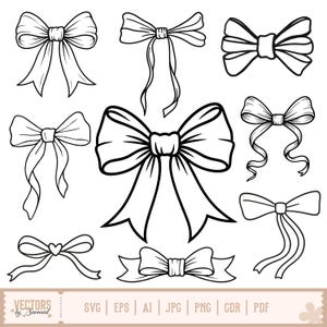 Könnte beinhalten: Eine Sammlung von neun schwarz-weißen Schleifenillustrationen in verschiedenen Stilen. Die Schleifen variieren in Größe und Design, einige mit langen, fließenden Bändern und andere kompakter. Das Bild enthält den Text "VECTORS by Sarmad" und Dateitypoptionen.