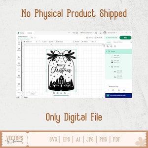 Puede incluir: Un archivo de dise&ntilde;o digital mostrado en una interfaz de software que presenta un gr&aacute;fico negro de una silueta de frasco con una escena de pueblo con casas, pinos y estrellas, rematado con un lazo y el texto Merry Christmas.