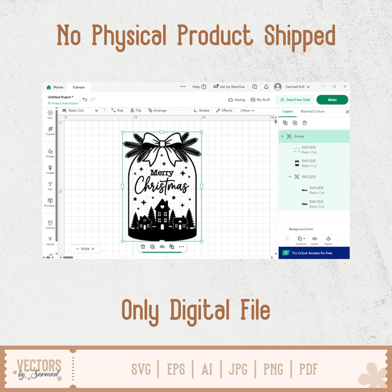 Puede incluir: Un archivo de dise&ntilde;o digital mostrado en una interfaz de software que presenta un gr&aacute;fico negro de una silueta de frasco con una escena de pueblo con casas, pinos y estrellas, rematado con un lazo y el texto Merry Christmas.